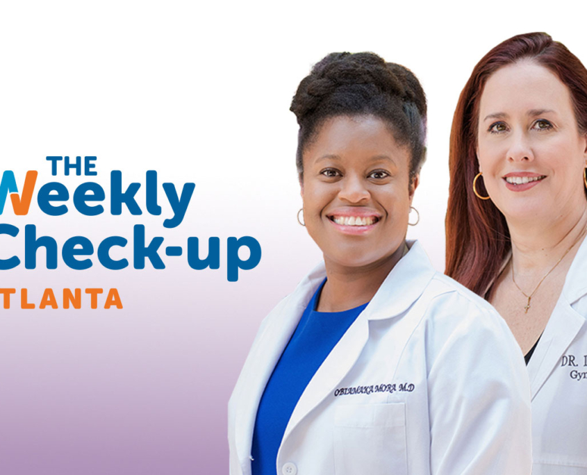 The Weekly Check-Up logo and headhots of Dr. Obiamaka Mora and Dr. Lynley Durrett