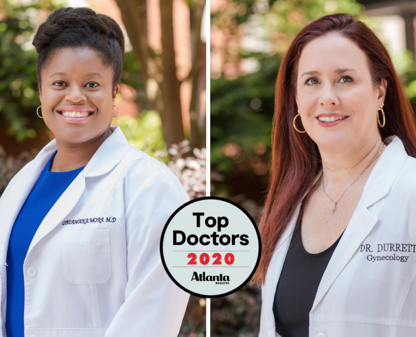 Headshot of Dr. Durrett and Dr. Mora with Atlanta Top Docs 2020 logo.