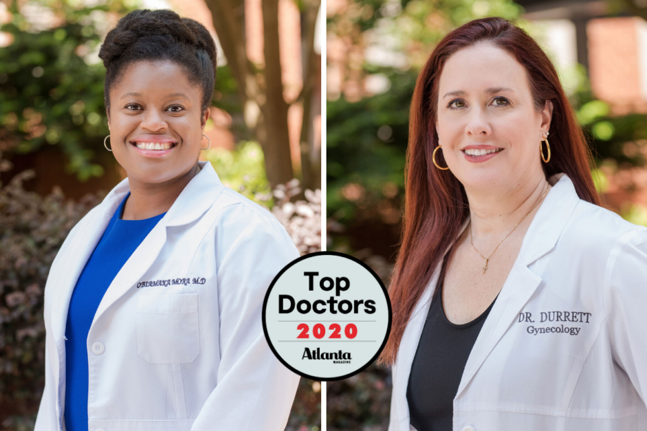 Headshot of Dr. Durrett and Dr. Mora with Atlanta Top Docs 2020 logo.