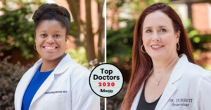 Headshot of Dr. Durrett and Dr. Mora with Atlanta Top Docs 2020 logo.